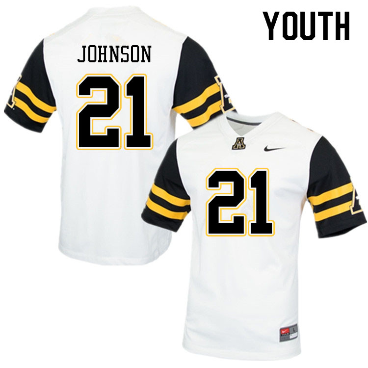 Youth #21 Elijah Johnson Appalachian State Mountaineers College Football Jerseys Sale-White - Click Image to Close